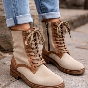 Vintage Foundry Delia Combat Boots Women’s Sz 7 Canvas Leather Lace Up Side Zip
